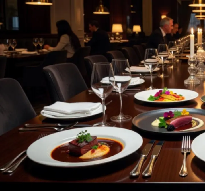 Gourmet fogások elegáns tálalással Budapesten, gyertyafényes asztalon.