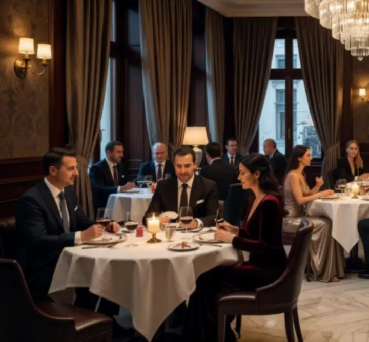 Elegáns, félhomályos étterem belső tér gourmet fogásokkal megterített asztalokkal és társasági hangulattal.