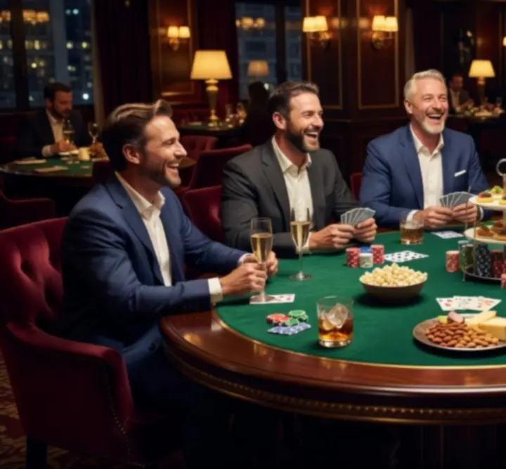 Társasági póker est elegáns lounge környezetben, mosolygó vendégekkel