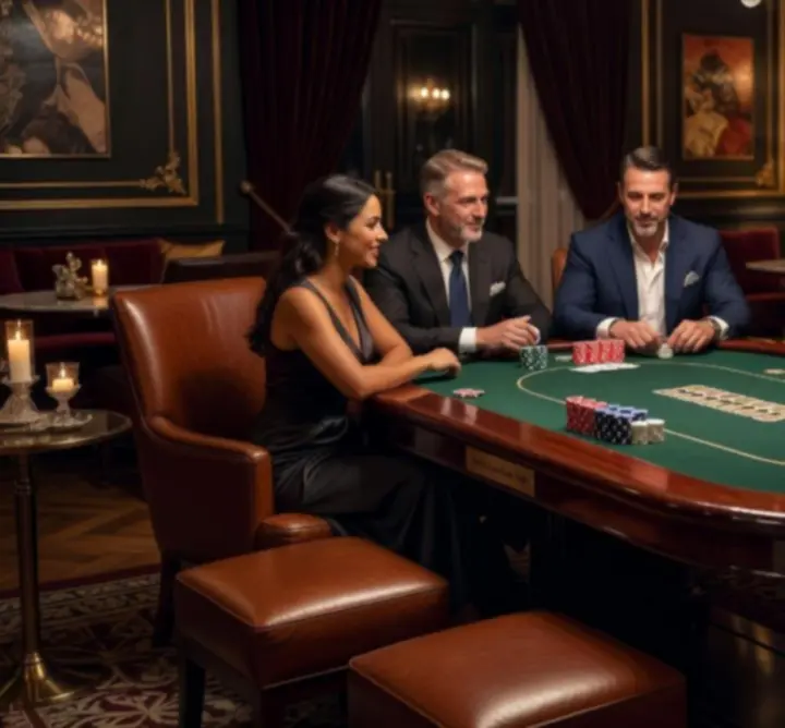 Stílusos lounge térben poker asztal, elegáns társaság, hangulatos fények